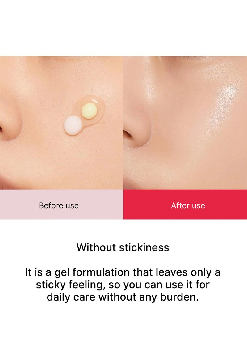 Before and after use of a gel product on skin with text highlighting stickiness.