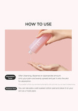 Instructions on how to use a skincare product with hands holding a pink bottle against a pink background.