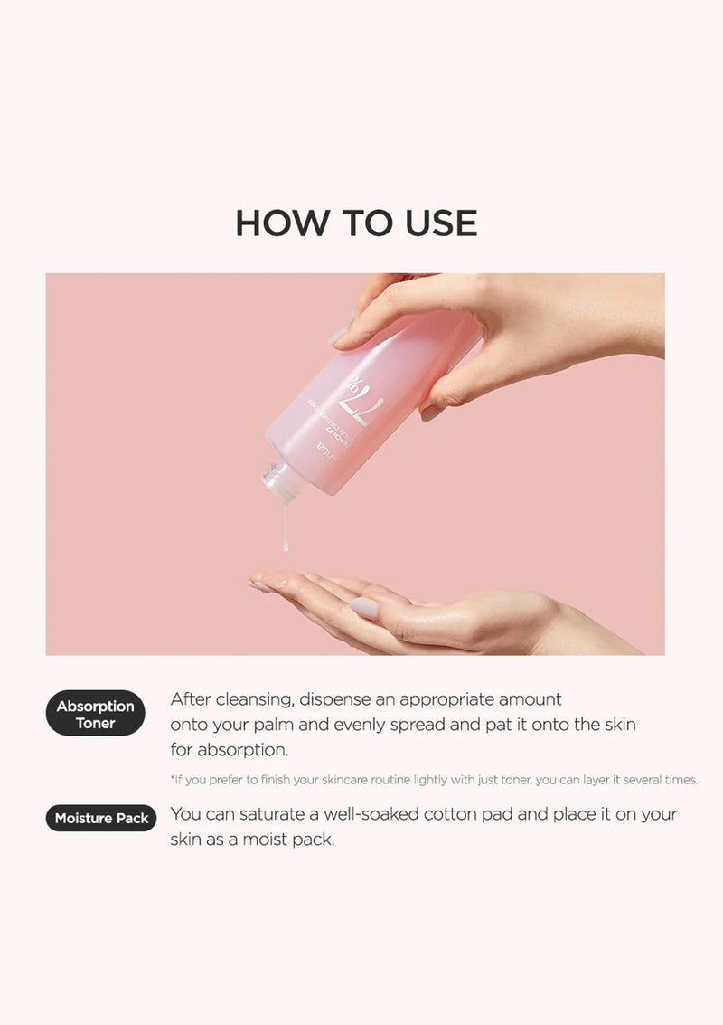 Instructions on how to use a skincare product with hands holding a pink bottle against a pink background.