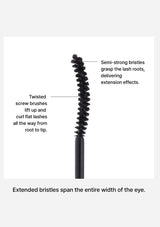 Eyebrow brush with text describing its features on a white background