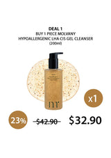 Promotional offer for Molvany hypoallergenic LHA CIS gel cleanser with a discount label.