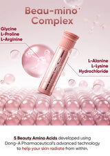 Beau-mino Complex skincare product with pink bubbles and text on a light pink background