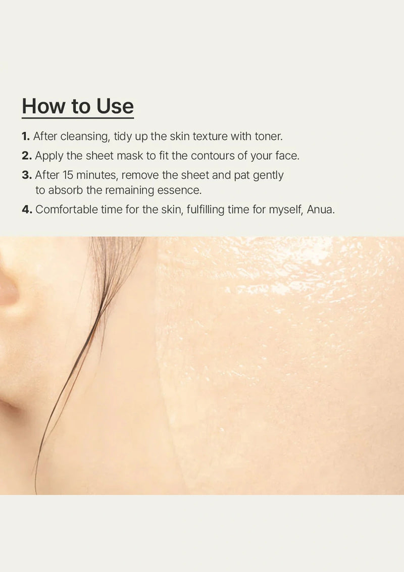 Sheet mask application instructions with a close-up of skin wearing the mask.