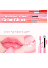 Collagen tint lip glow with color chart and close-up of lips wearing the product.
