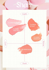Color swatch chart for 'Sheer' makeup shades with pink and peach tones.