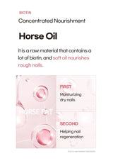Advertisement for horse oil with text and images of horse fat and moisturizing effects on nails.