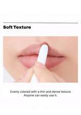 Lipstick application on lips with text describing soft texture and ease of use.