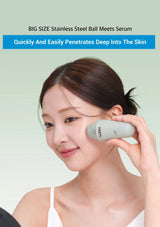Woman using a skincare device with text about serum penetration.