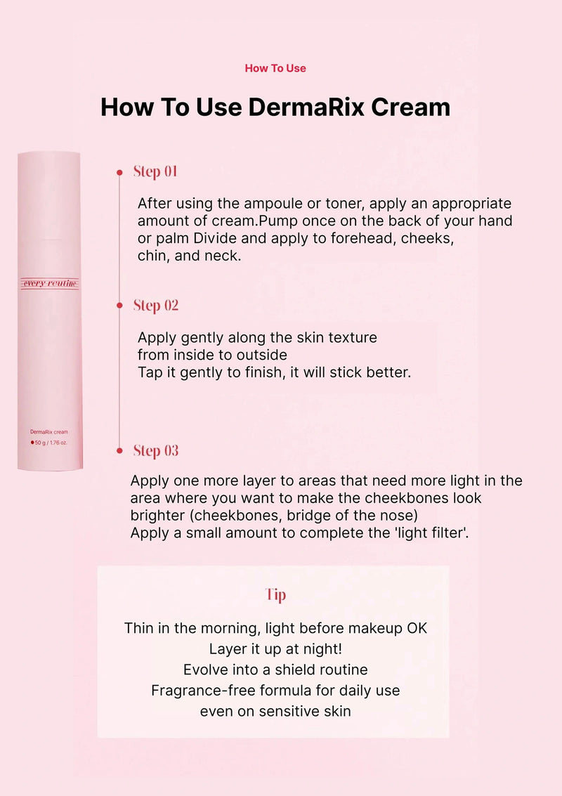 Instructions on how to use DermaRix Cream with a pink background