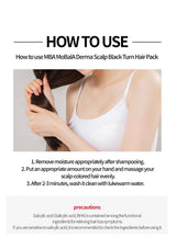 Instructions on how to use MBA MoBaA Derma Scalp Black Turn Hair Pack with a person holding hair.