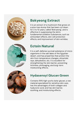 Product description card with images and text about Bokyeong Extract, Ectoin Natural, and Hydasensyl Glucan Green.