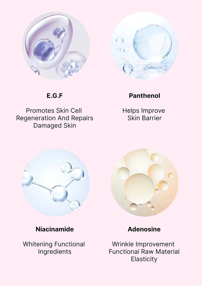 Illustrations of skin care ingredients with descriptions on a light pink background