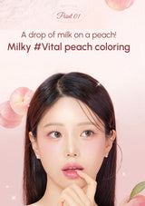 Person with peach-colored skin and text about 'Milky Vital peach coloring' on a pink background