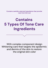 Text on a white background about tone care ingredients and skin whitening.