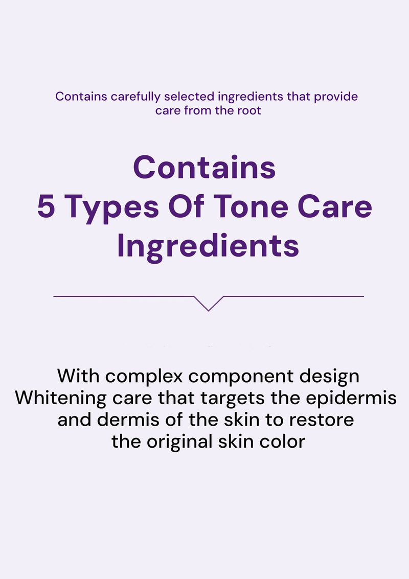Text on a white background about tone care ingredients and skin whitening.