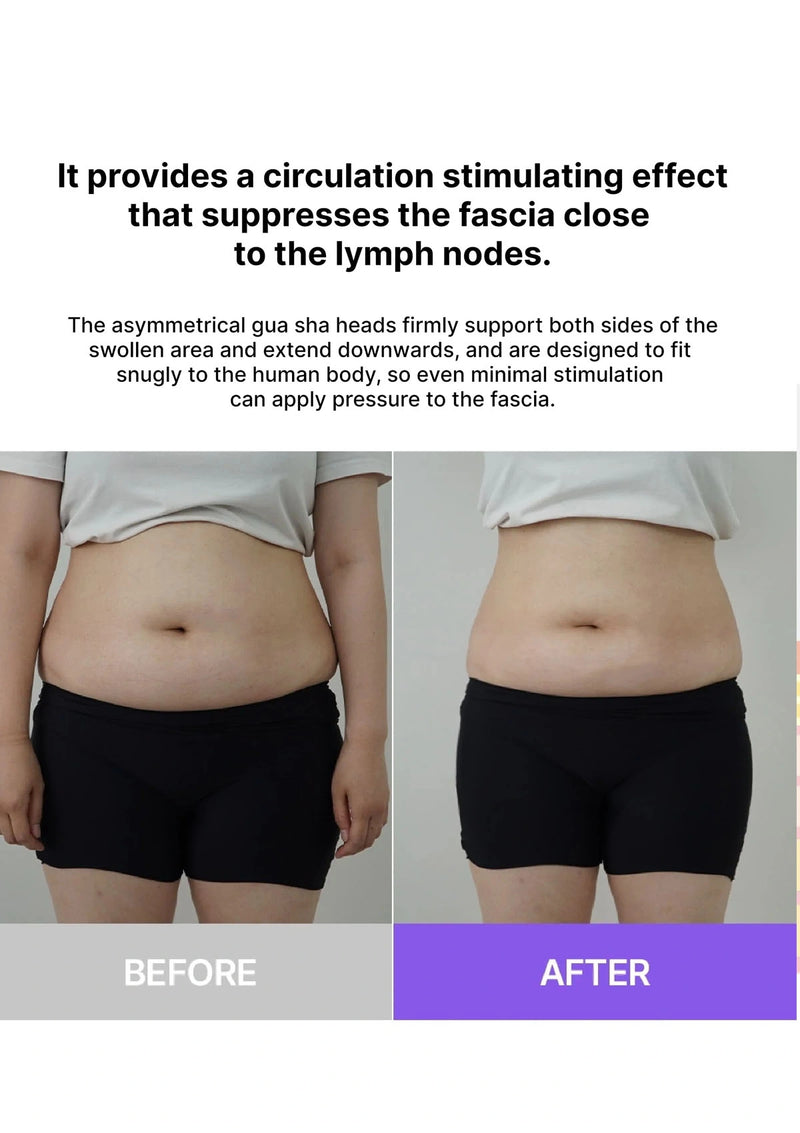 Before and after comparison of a person wearing black shorts on a plain background with text about circulation and fascia.