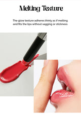 Red lip gloss being applied to lips with text describing melting texture