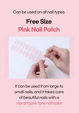 Pink nail patch being applied with text on a pink background