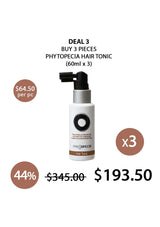 Phytopecia hair tonic bottle with promotional text on a white background