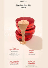 Red containers with a beige substance being poured over them, on a light background.