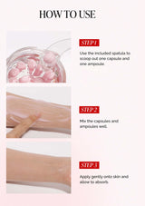 Instructions on how to use a skincare product with text and images of capsules and an ampoule.