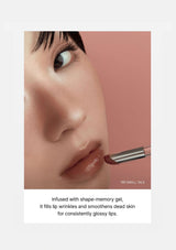 Close-up of a person applying lipstick with a text overlay about product features.