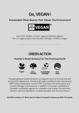 EVE Vegan certification label on a gray background with text about sustainable and eco-friendly practices.