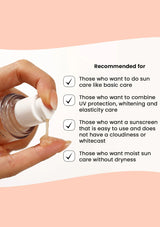 Hand applying skincare product with text about product benefits on a light pink background