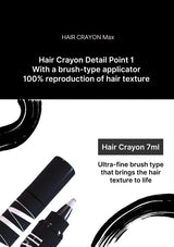 Hair Crayon Max with brush-type applicator and text detailing features on a white background.