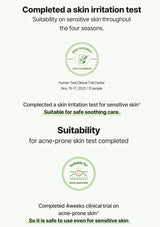 Certification badges for skin irritation and acne-prone skin tests on a white background