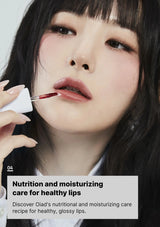 Person applying lip balm with text about nutrition and moisturizing care for healthy lips.