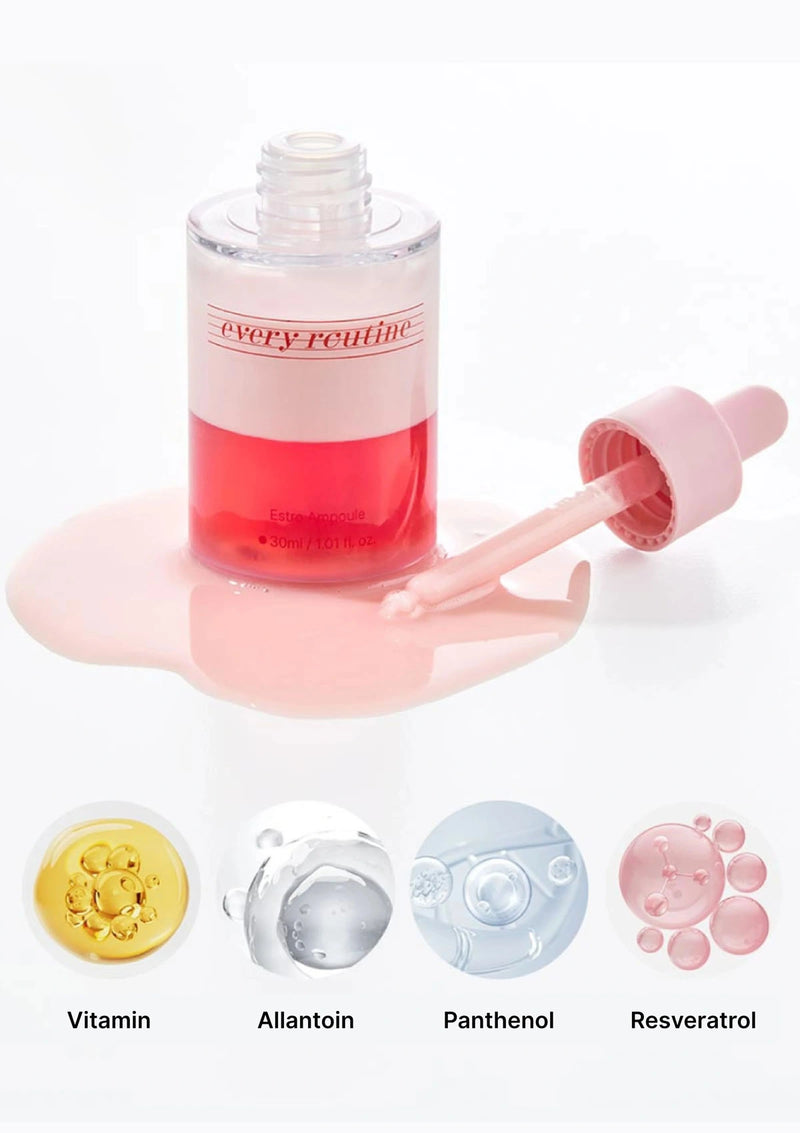 Skincare serum bottle with dropper and labeled ingredients on a white background