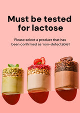 Three dessert cups with text indicating lactose testing requirement on a pink background