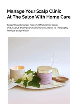 Cosmetic products on a tray with text about scalp care.