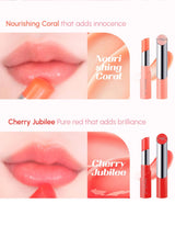 Lipstick with 'Nourishing Coral' and 'Cherry Jubilee' text on a white background