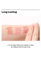 Lipstick swatches on a hand with text about long-lasting makeup