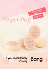 Makeup products with 'Finger Puff' text and branding on a pink background