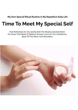 Person applying a scented balm to their hand with text about a ritual routine.