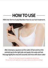 Person using hair treatment with text on how to use MBA Hair Derma Scalp Blackton.