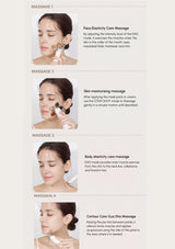 Facial massage techniques with a woman applying products and using tools on her face.