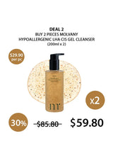Promotional offer for Molvany hypoallergenic gel cleanser with a 30% discount on two items.