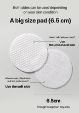 Two white pads with embossed and soft sides on a gray background, labeled for different skin care needs.