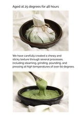 Green paste being scooped from a bowl with text about texture creation process.