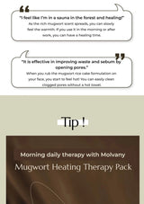 Promotional text for Mugwort Heating Therapy Pack with user testimonials and product name.