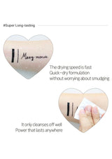 Heart-shaped product with text about long-lasting and quick-drying properties on a white background.