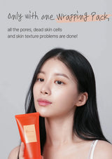 Woman holding an orange skincare product with text about skin care benefits on a gray background