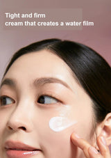 Woman applying cream to her face with text about a tight and firm cream creating a water film.