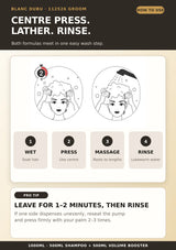 How to use BLANC DUBU Groom Shampoo and Volume Booster with centre press massage and rinse steps