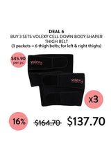 Black body shaper thigh belts with Volexy branding on a white background, promotional text, and pricing.