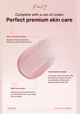 Advertisement for premium skin care products with cream application and text on a pink background.
